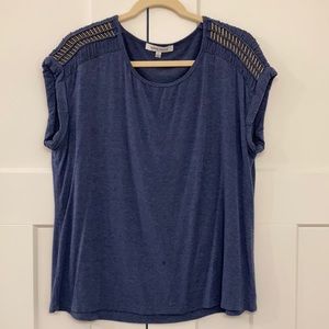 Rose + Olive size large blue tee with gold design
